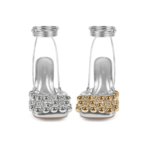 Image of Saint Leia Women's 4IN High Heel Sandals Nude Stiletto Pumps with Gold Silver Pearls Heels for Weddings Parties and Evening Wear