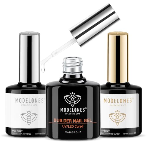 modelones Builder Nail Gel with Gel Top Coat, 3Pcs Clear Builder Nail Kit | Thickening Apex Building Extension Rhinestone Gel Tips Glue, U/V LED Lamp Cured for Home DIY Salon Girls
