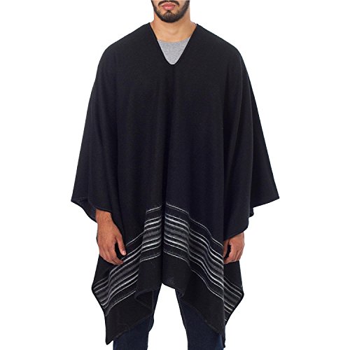 NOVICA Artisan Handmade Men's Alpaca Blend Poncho Artisan Crafted Vneck for Wool Acrylic Clothing Black Striped Peru ' Black Nazca'