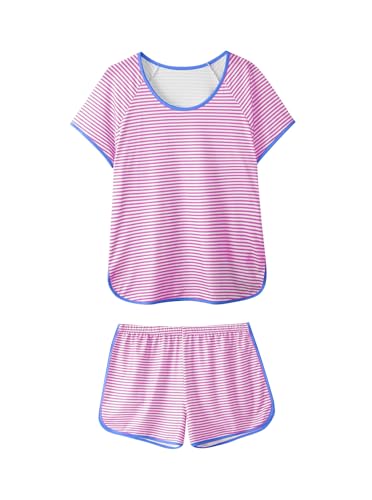 Image of Hilinker Women Striped Pajama Set Short Sleeve Top with Shorts Sleepwear Pjs 2 Piece Lounge Sets