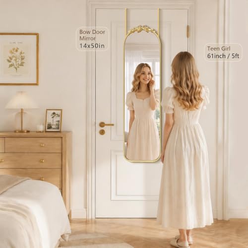 Image of Besdomus Door Mirror Full Length: 14 inchx50 inch Gold Bow Over The Door Hanging | French Antique Baroque Metal Framed - Traditional Ornate Full Body for Girls Bedroom /Cloakroom /Living Room - Ideal for Girl