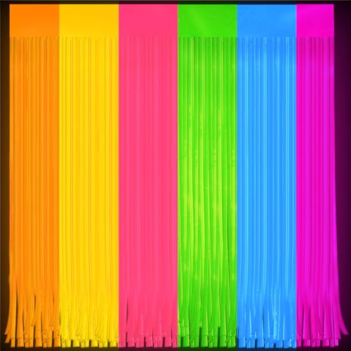 Image of Glow in The Dark Curtains Party Supplies 6.6 x 3.3 Ft Glow Tinsel Foil Fringe Curtains Colorful Patchwork Streamer Backdrop for Birthday Holiday Neon Party Decorations
