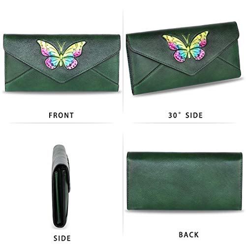 Genuine Leather Wallets for Women RFID Blocking Purse Vintage All in One Organizer Handmade Long Wallet Luxury Clutch (Green)2