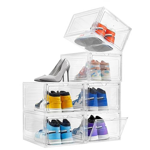 Attelite Shoe Box Organizer,Set of 6,Stackable Plastic Shoe Box with Clear Door, Shoe Storage Box Containers,For Display Sneakers,Easy Assembly,Fit up to US Size 12(13.4”x 10.6”x 7.4”) by Attelite - Used condition - US$41.00