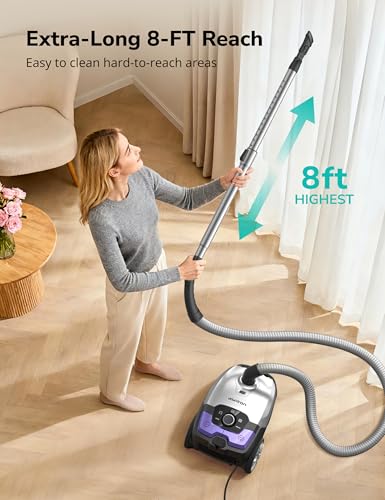 Image of Aspiron Canister Vacuum,1700W /45KPA Bagged Vacuum Cleaner,5L Large Capacity,Auto Cord Rewind,HEPA Filter,Low Noise,8M Cleaning Radius,Variable Power Control,Easy to Push,Hard Floor,Carpet,Car