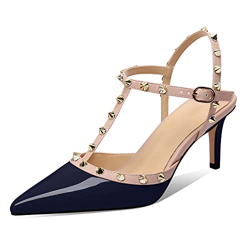 Image of XINIUNIU Studded Heels for Women Kitten Heels with Studs Stiletto Sandals with Rivet Ankle Strap Patent Leather Pointy Toe 2.5 Inch Party Daily Wear Evening Sandals