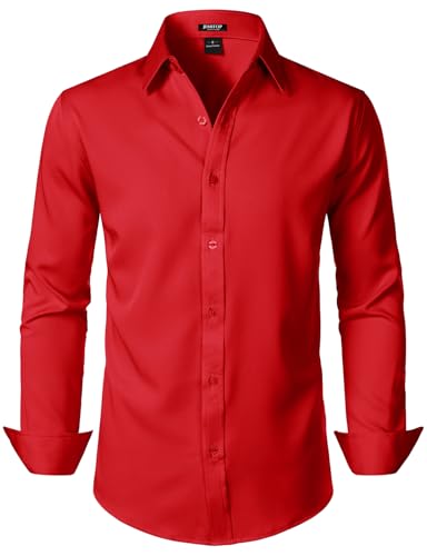 JEMITOP Men's Stretch Soft Slim Fit Dress Shirts Long Sleeve Formal Wedding Business Casual Button Down Up Shirt Red L