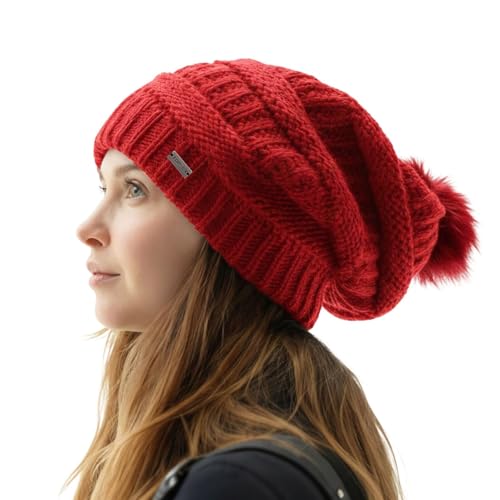 TOP-EX Slouchy Beanie Damen Wintermütze 100% Wolle mit Fellbommel - Satinfutter, Winddicht & perfekt für Ski & Outdoor - Rot