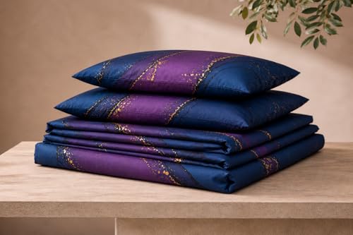 Image of Print Story Heavy Glace Cotton Double Size Flat Bedsheet - Navy Blue Marble Dream | Marble Design Cotton Bedsheet for Double Bed with Pillow Covers