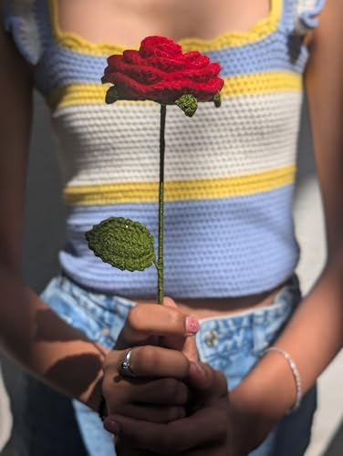 Image of Prapti Handicrafts Handmade Crochet Red Rose Artificial Flowers for Vase, Home Decoration (1, red Rose)