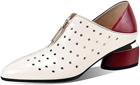 TinaCus Women's Genuine Leather with Breathable Holes Handmade Front Zipper Low Chunky Heel Stylish Pumps Shoes image 5