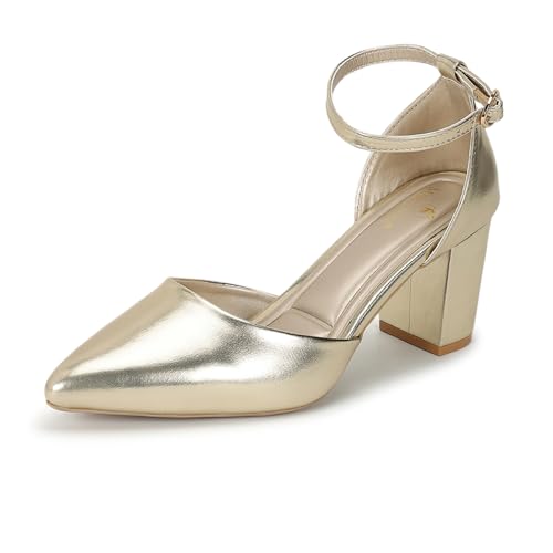 Image of Marc Loire Women's Pointed Toe Block Heel Pumps | Office & Party Shoes with Ankle Loop & Buckle Strap | Formal Footwear