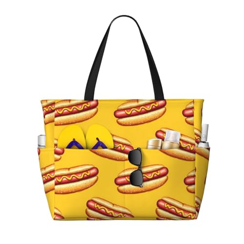 Large Beach Bags for Women Sandproof - Hot Dog Yellow Print Summer Travel Work Tote Bags with Zipper