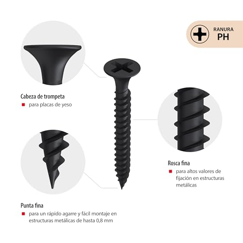 Image of TOX Drywall Screws 3.9 x 45 mm, Black Phosphated Screws with Trumpet Head + Fine Thread, Plasterboard on Metal Substructure, PH2, 1000 Pieces, Includes 1x Bit, 142453213945