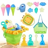 SKIKHN Juguetes de Playa para Niños, 16 Piezas con Cubo Plegable, Bolsa Malla Reutilizable, Moldes de Arena, Juguetes al Aire Libre para 3 4 5 Años