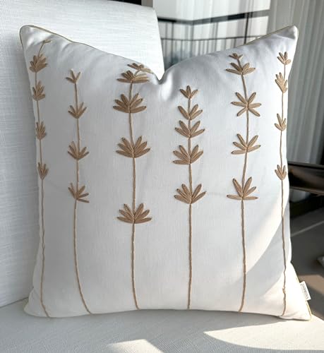 VAGMINE Hand Embroidered Cotton Throw Pillow Cover 20x20 – Off-White