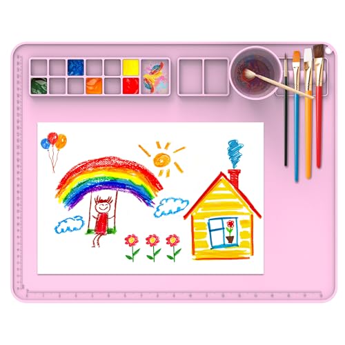 Tapis de peinture en silicone avec tasse et outil de nettoyage de pinceaux - Tapis d'artisanat de 20"×16", parfait cadeau pour les enfants artistes ! Tapis d'art pliable et résistant à l'eau