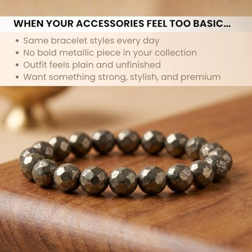 Image of Plus Value Original Pyrite Bracelet for Men and Women Money Magnet Crystal for Abundance, Wealth, Prosperity Natural Healing Stone (Beads 8mm)