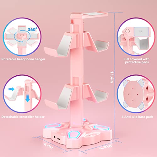 image for KDD RGB Headphone Stand with 9 Light Modes - Rotatable Pink Game Heads