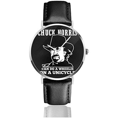 Unisex Business Casual Chuck Norris Puede Hacer caballitos en un Monociclo Relojes Reloj de Cuero de Cuarzo