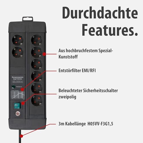 Brennenstuhl Premium-Line Steckdosenleiste 8-Fach mit &Uuml;berspannungsschutz (Mehrfachsteckdose mit Schalter und 3m Kabel, Made in Germany) schwarz
