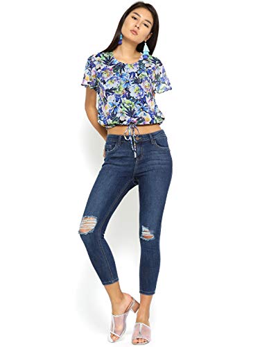 Image of Style Quotient Women Blue Printed Blouson Crop Top-Blue