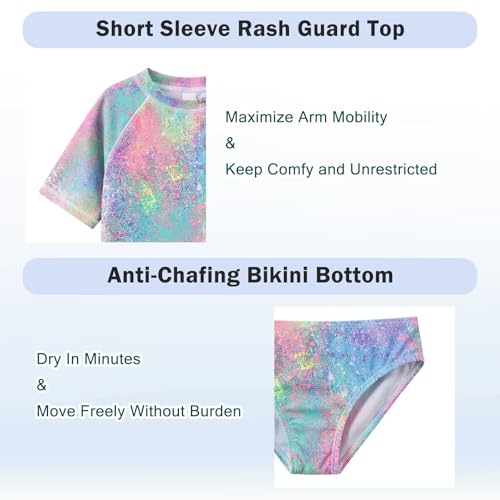 Image of Girls Two Piece Swimsuits Short Sleeve Rash Guard Swim Shirt Bikini Bottom Swim Set Bathing Swim Set Swimwear 3-16 Years