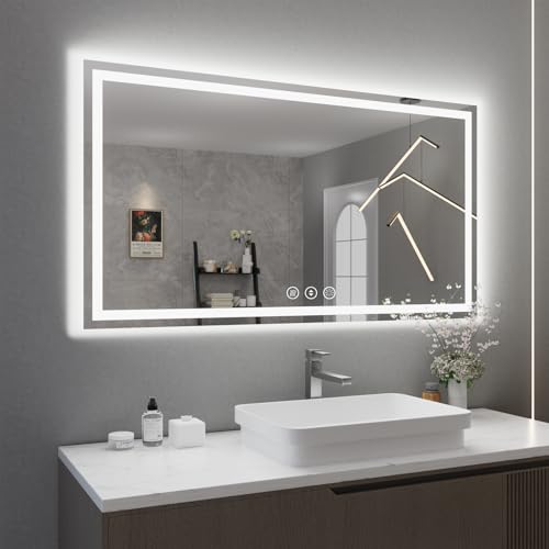 Image of WTTY LED Bathroom Mirror 55 inchx30 inch with Back and Front Light,Modern LED Mirror for Bathroom,Stepless Dimmable Lighted Bathroom Vanity Mirror with Anti-Fog,Memory Function,Shatter-Proof
