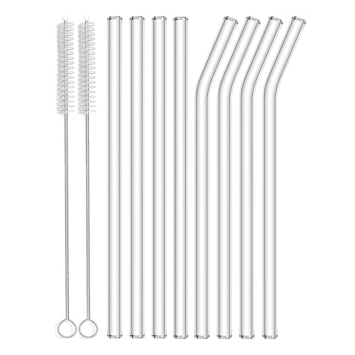 Redreo 10PCS Reusable Glass Straws - 4 Straight Glass Straws and 4 Curved Glass Straws with 2 Cleaning Brushes Glass Drinking Straws for Tea Slush Cocktail Juices