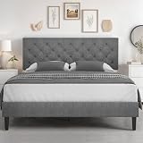 HOMBCK Queen Bed Frame, Grey Linen Fabric Upholstered Bed Frame Queen Size, Wood Slats Support, Button Tufted Design, No Box Spring Needed, Light Grey