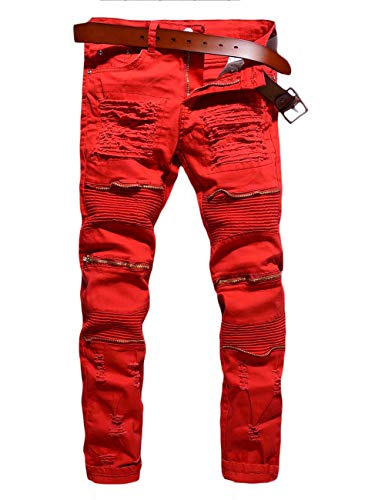 Rexcyril Men's Moto Biker Jeans Distressed Ripped Skinny Slim Fit Denim Pants with Zippers2