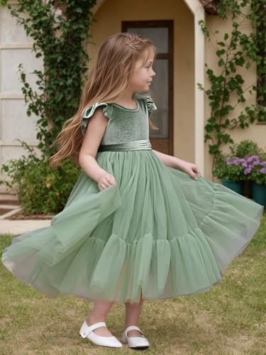 Velvet Tulle Flower Girl Dress for Wedding Kids Round Neck Princess Pageant Dress Boho Bow-Knot Long Prom Ball Gowns4