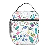 Bolsa de almuerzo con diseño de flores de colores, bolsa de picnic aislada de mano, bolsa de trabajo, fresca o cálida