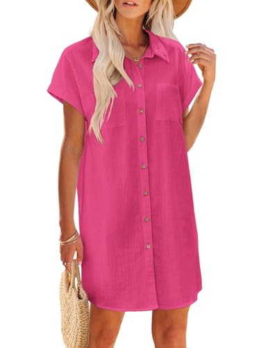Image of Zeagoo Summer Dresses for Women 2026 Cotton Button Down Short Sleeve Tshirt Dresses Casual Mini Beach Dress