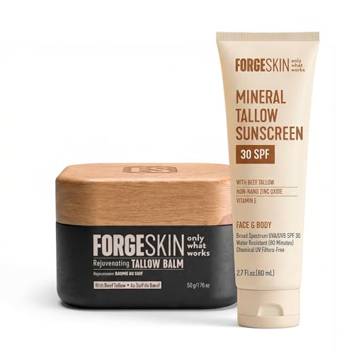 Forge Skin® Men's Beef Tallow Skincare Bundle | Wrinkle Defense Beef Tallow Balm Moisturizer Hydrating Anti-Aging + Mineral Tallow Non Nano Zinc Oxide Sunscreen SPF 30