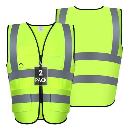 Invalidism 2 Pcs Hi Vis Vests for Women Men,High Visibility Safety Vest,Fluorescent Waistcoat with Pocket and ID Holder for Outdoor Working Running Walking