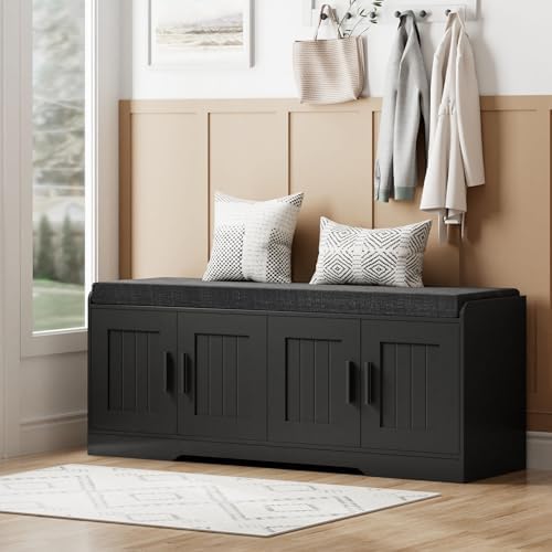 Homleke Shoe Storage Bench, 4 Doors & Thickened Padded Seat Cushion