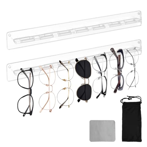 DIBALIYI 2 Pcs Sunglass Organizer, Acrylic Wall-Mounted Sunglasses Racks with Storage Bag and Cleaning Cloth, Clear Eyeglasses Display Organiser Holders