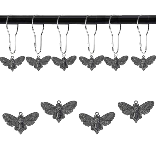 YRMLYMOP Gothic Shower Curtain,12 Pcs Skeleton Shower Curtain Moth Shower Curtain Hooks, Dead Moth with Skull Face Halloween Rustproof Metal Shower Rings,Party Supplies Haunted House Decoration