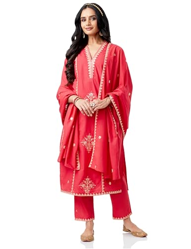 Amazon Brand - Myx Women's Embroidered Cotton Kurta Pant Set with Dupatta (SS25-MYX-SHU-KS_01_Red_XL)