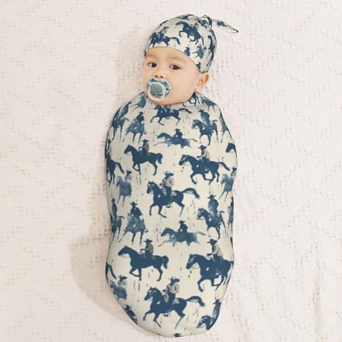 Image of Watercolor Cowboys Cool Newborn Swaddle Blankets Hat Sets Soft Baby Receiving Blanket Swaddle Sack for Baby Shower Infant Boy Girl Gift