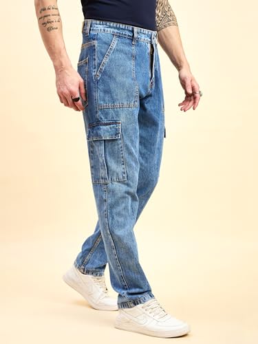Image of STUDIO NEXX Men's Loose Fit Cargo Jeans | Non Stretchable | Cargo Denim for Men | Loose fit Cargos | Utility Pockets