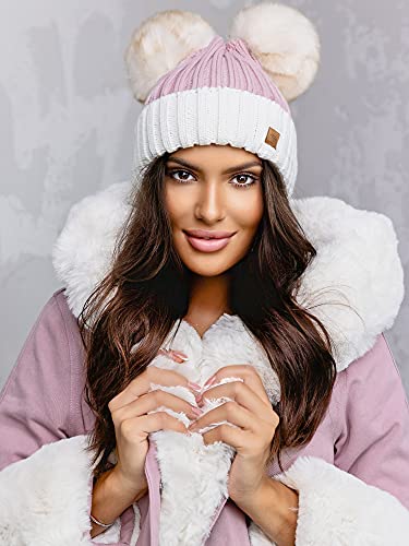 4sold Miki Colour Womens Girls Winter Hat Wool Knitted Beanie with Double Pom Pom Cap Ski Snowboard Bobble