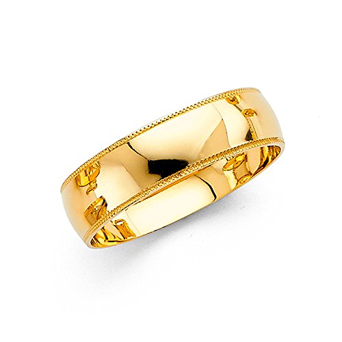 Solid 14k Yellow Gold Ring Wedding Band Milgrain Edges Plain Dome High Polished Style 6 mm