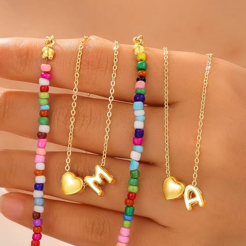 M MOOHAM Initial Bracelets for Women - 14K Gold Plated Dainty Heart Letter A-Z Bracelet Colorful Beaded Initial Bracelet Layered Bracelets Jewelry Gifts for Women Lover Bridesmaids Friends4