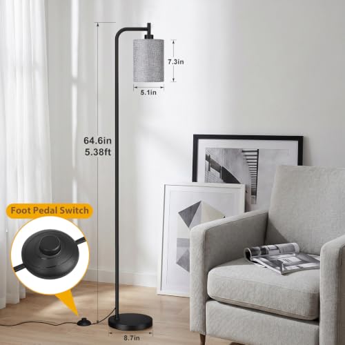 Image of Ziisee 64 inch Floor Lamp for Living Room with Remote Control, Grey Shade with Black Pole, Dimmable Tall Lamps for Bedroom Office Corner, 9W LED Bulb Included