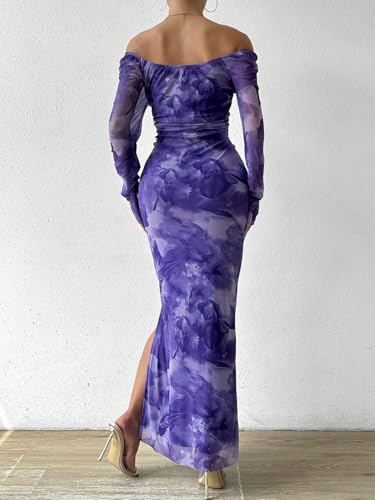Image of LIGHT DOT Women's Printed Off Shoulder Maxi Dress Long Sleeve Bodycon Ruched Mesh Cocktail Dress
