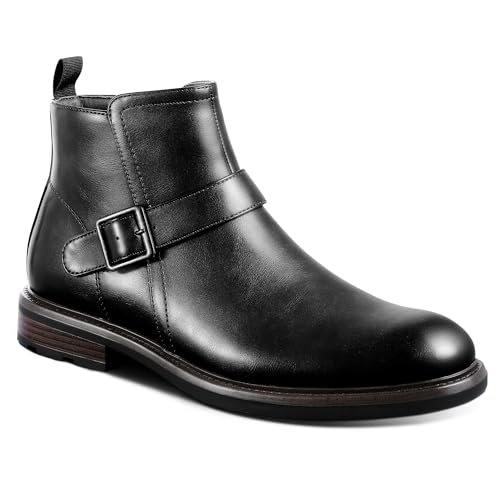 FUNROMAN Men's Motorcycle Style Ankle Boots, Black Faux Leather Dress Boots with Side Zipper and Buckle Strap M01 Black 12