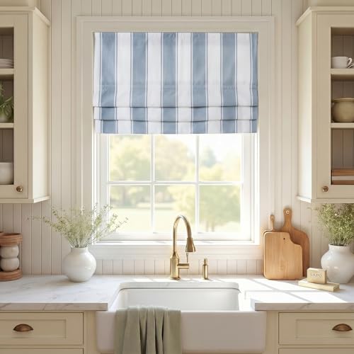 Image of TWOPAGES No Drill Wide Stripe Roman Shades Cordless Roman Blinds for Windows, Custom Made Light Filtering Blackout Blinds Farmhouse Shades for Kitchen, Blue Bordered Wide Bar, 1 Piece