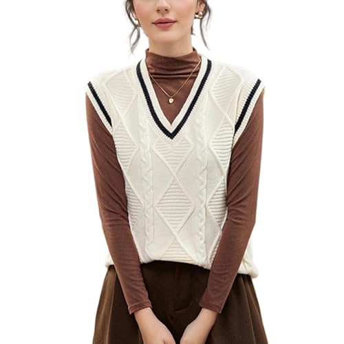 Image of Blostirno Women's V Neck Sweaters Vest Trendy Cable Ribbed Sleeveless Knit Striped Pullover Sweaters Tops